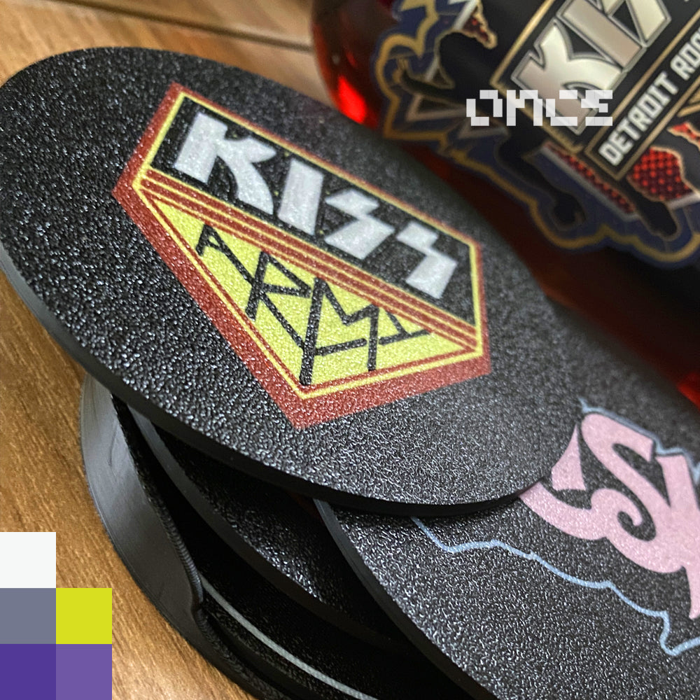 4 Coasters / Porta vasos 3D Rock bands 80s incluye holder