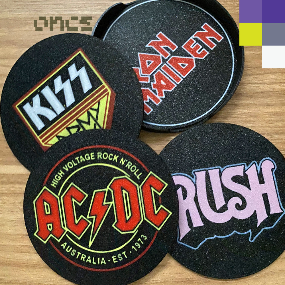 4 Coasters / Porta vasos 3D Rock bands 80s incluye holder