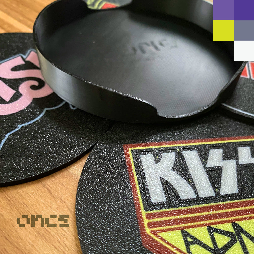 4 Coasters / Porta vasos 3D Rock bands 80s incluye holder